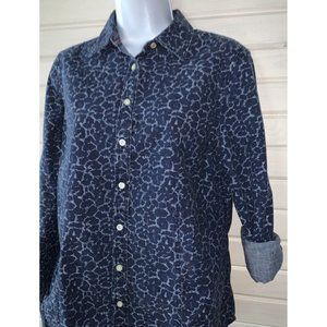 Talbots Sz 6 Dark Blue Denim Cheetah Roll Tab Sleeve Cotton Button Shirt EUC